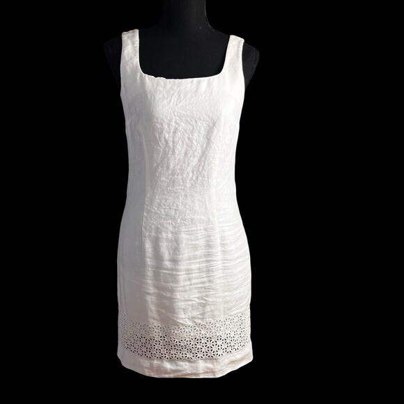 Ann Taylor White Linen Shift Dress Eyelet Hem USA Made Size 2 Summer Wedding - Picture 1 of 16